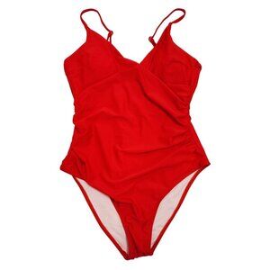 Red One-Piece Womens Swimsuit Adjustable Straps & Ruched Waist Size M